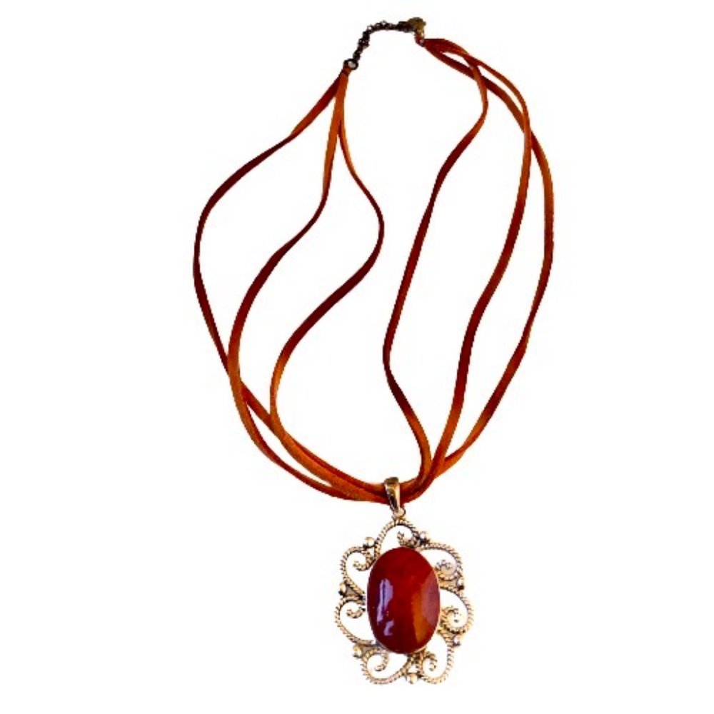Vintage Necklace Sterling Silver 925 cfj Thai Carnelian Agate on Suede Cords